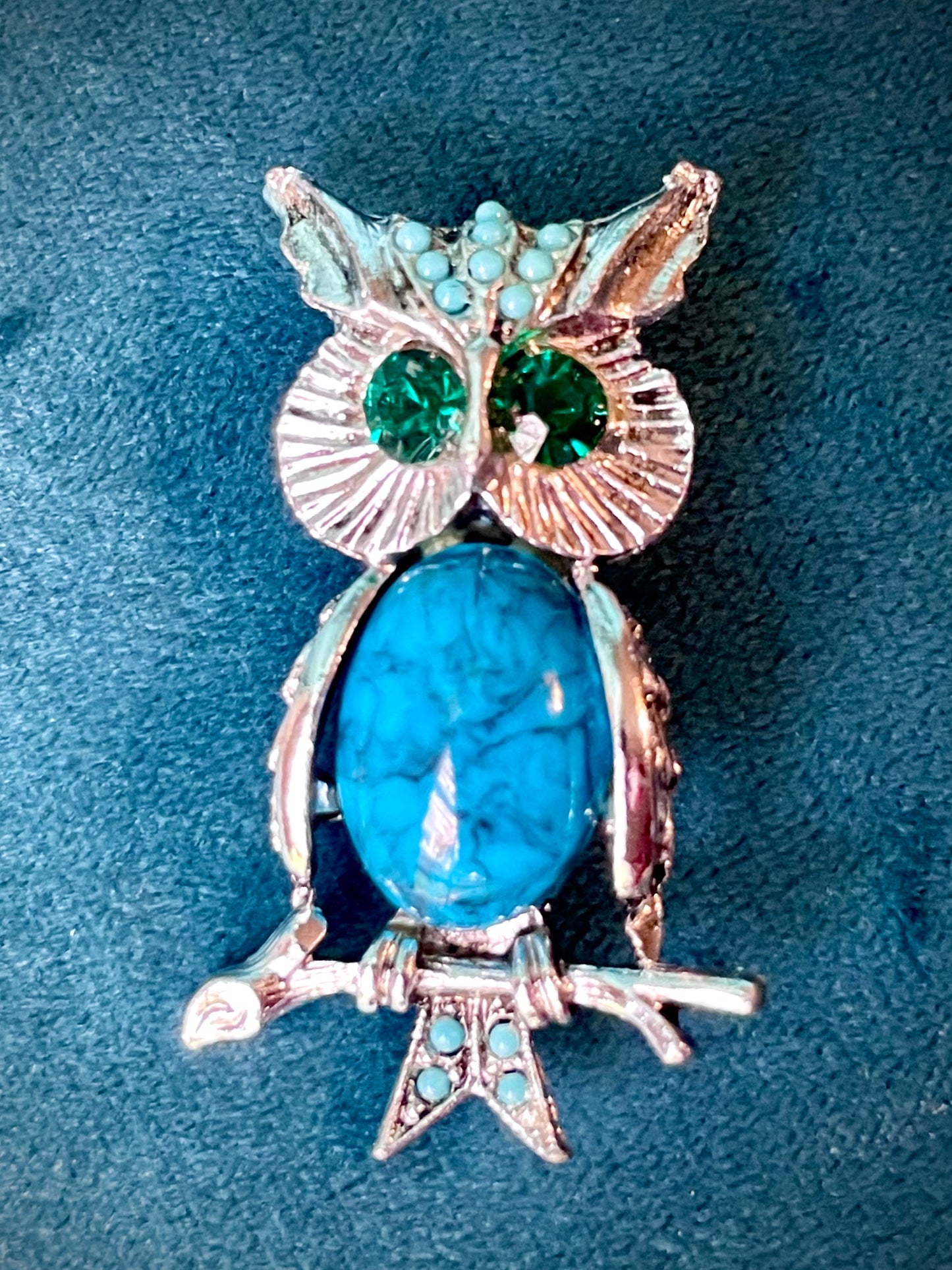 Jelly Belly Turquoise Hubble Art Glass & Green Crystal Silver Owl Figural Brooch
