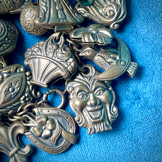 Amazing Art Nouveau Brass Puffy Charm Bracelet: Faces, Moon, Owl, Lucky 7, Bells, Flower & more!