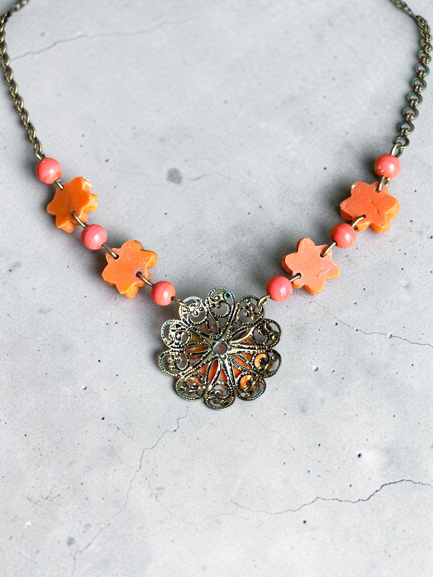 Art Nouveau Coral Orange Pink Celluloid Flower & Art Glass Bead Brass Necklace