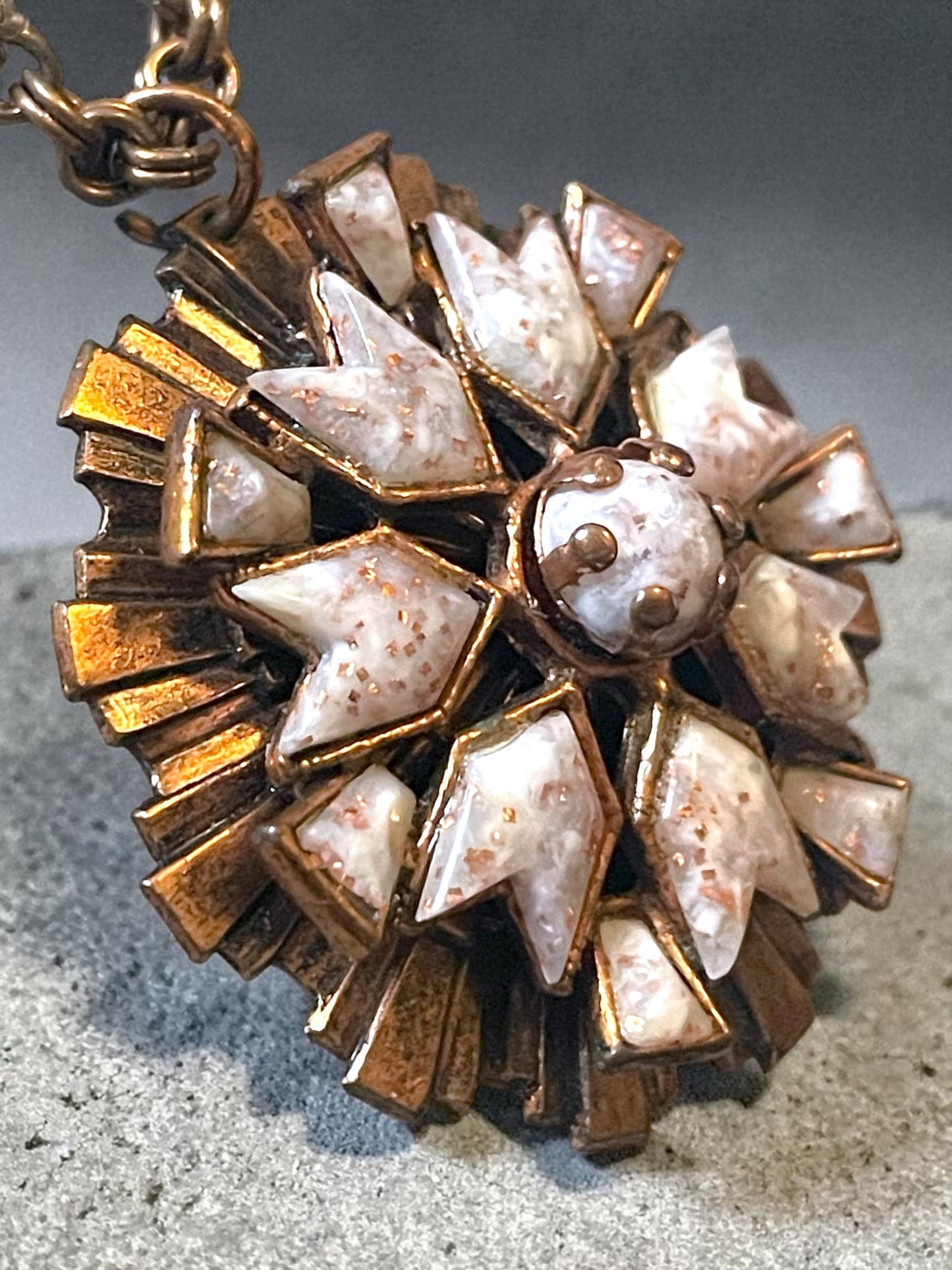 Modernist Arts & Crafts Copper Geometric Sunburst Pink Confetti Foil Art Glass Necklace