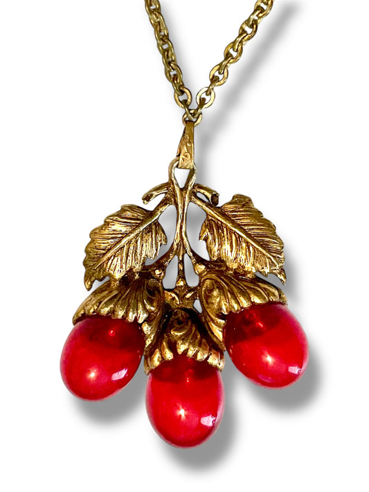 Art Nouveau Gilded Brass & Hollow Red Glass Bubble Acorn Necklace