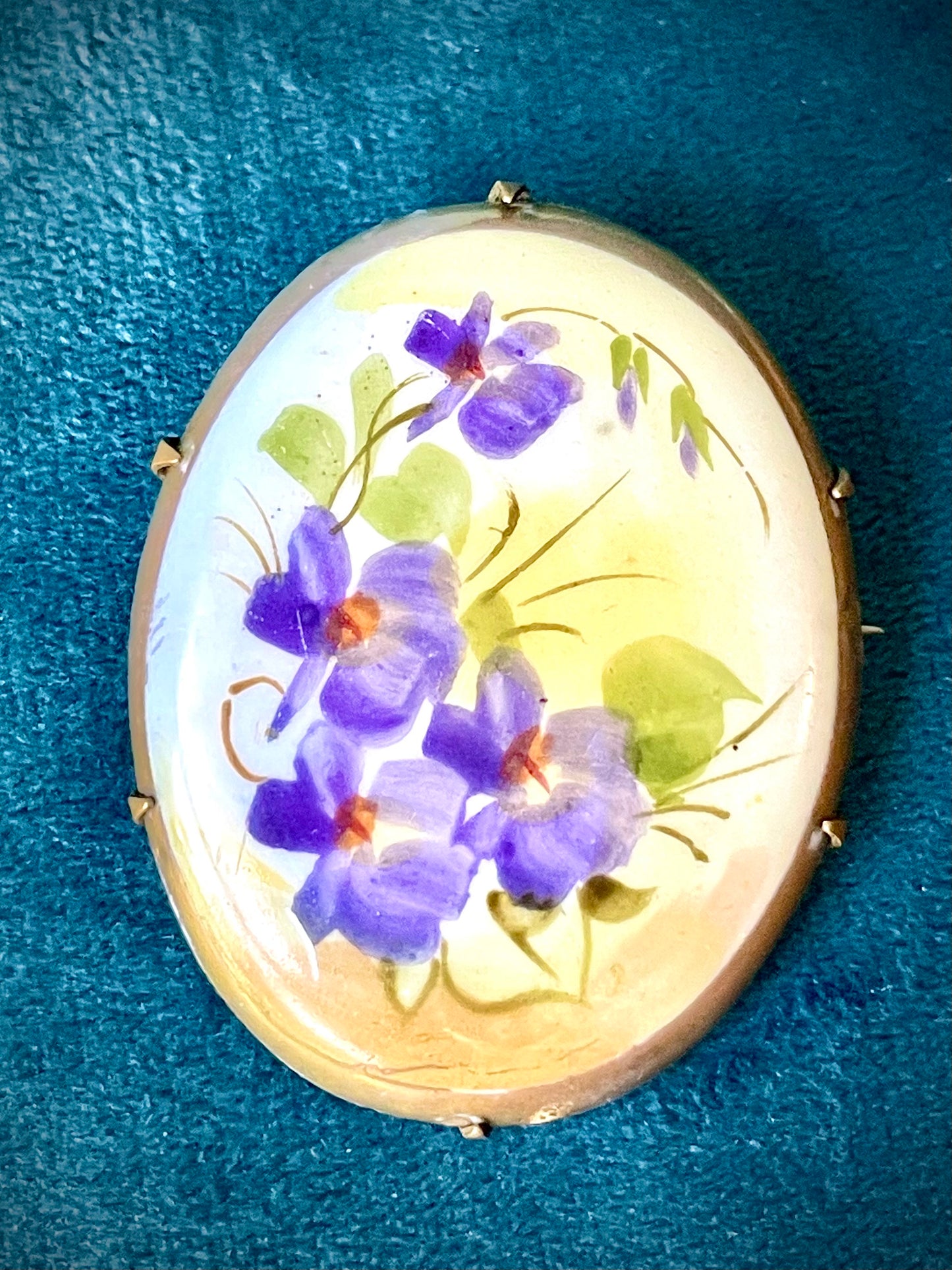 Victorian Forget Me Not Flowers Hand Painted Porcelain Limogé Brooch