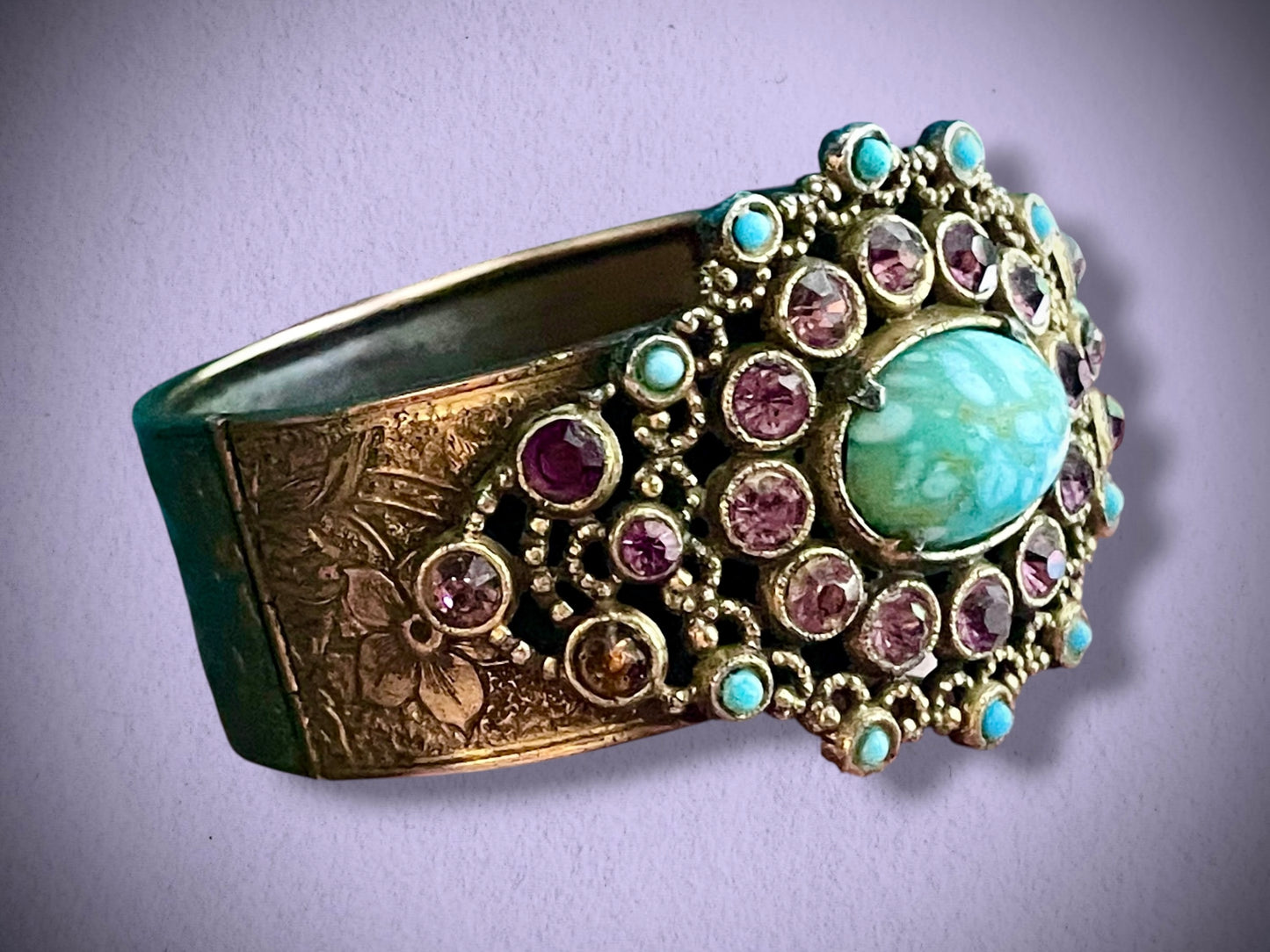 Czech Turquoise Hubble Art Glass & Purple Lilac Crystal Engraved Lilly Flower Brass Hinged Bangle Bracelet