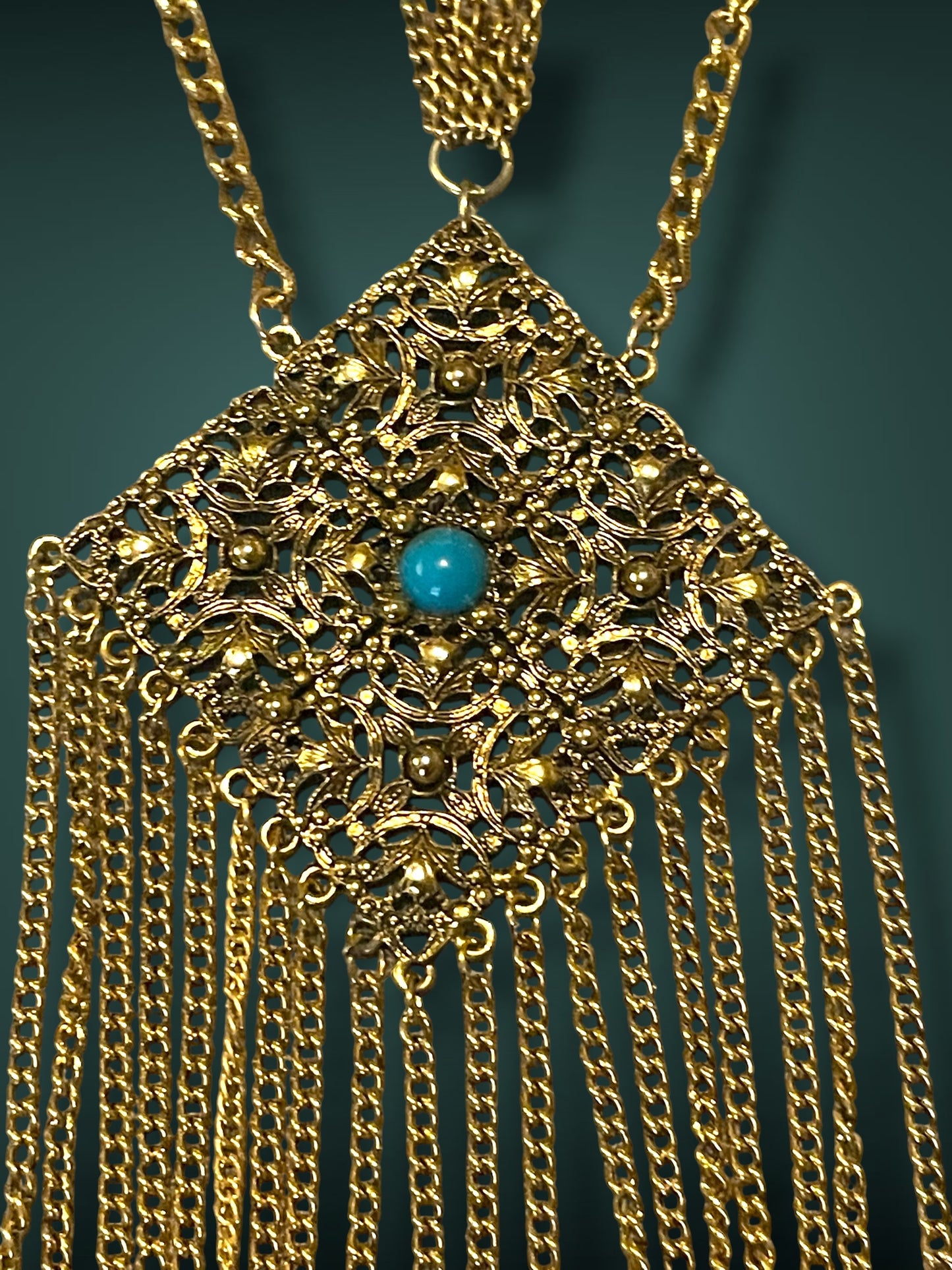 Art Nouveau Czech Gold Filigree Chestplate Turquoise Chain Dangle Festoon Necklace