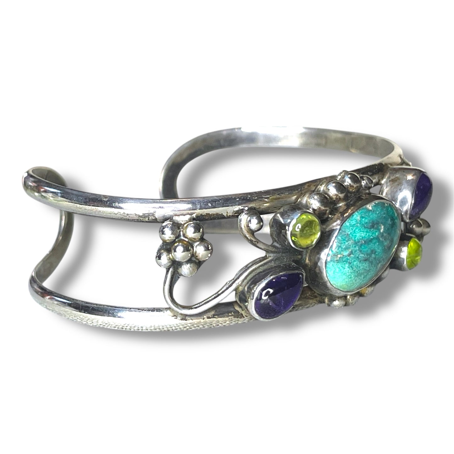 Vintage Turquoise, Amethyst & Peridot Gemstone Sterling Silver Floral Cuff Bracelet