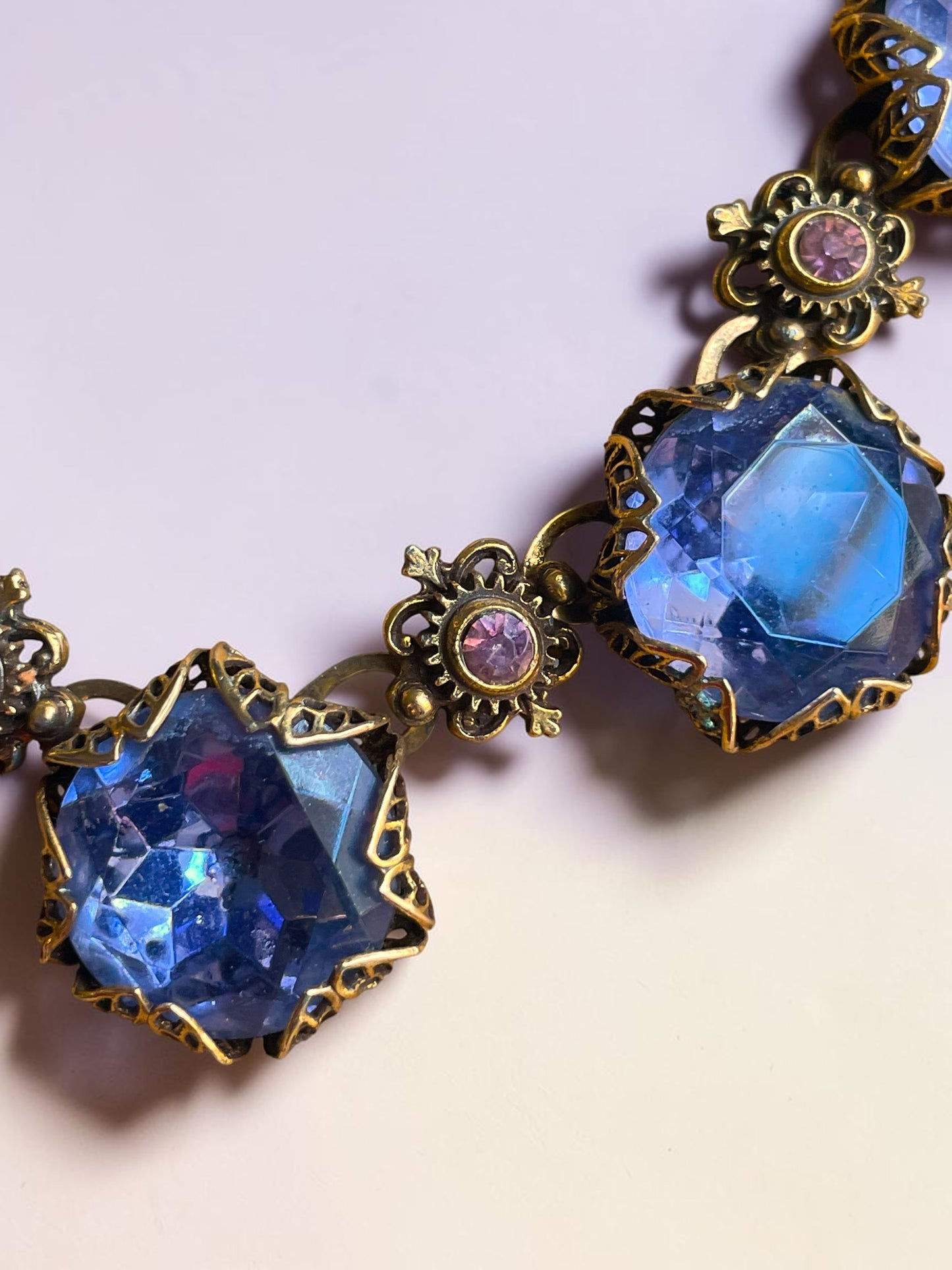 Art Nouveau Austrian Lilac Purple & Pink Crystal Gold Filled Brass Filigree Schiaparelli Necklace