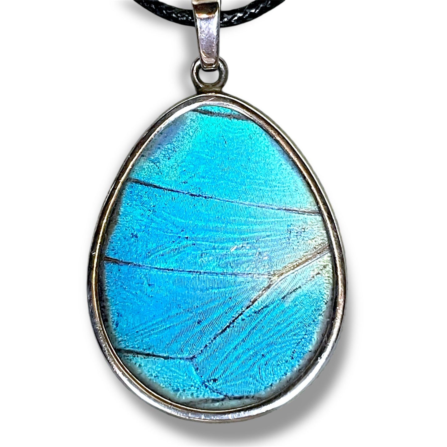 Sterling Silver Double Sided Blue & Brown Eye Butterfly Wing Teardrop Necklace Pendant