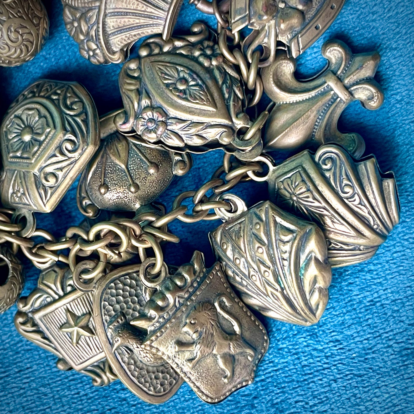 Amazing Art Nouveau Brass Puffy Charm Bracelet: Faces, Moon, Owl, Lucky 7, Bells, Flower & more!