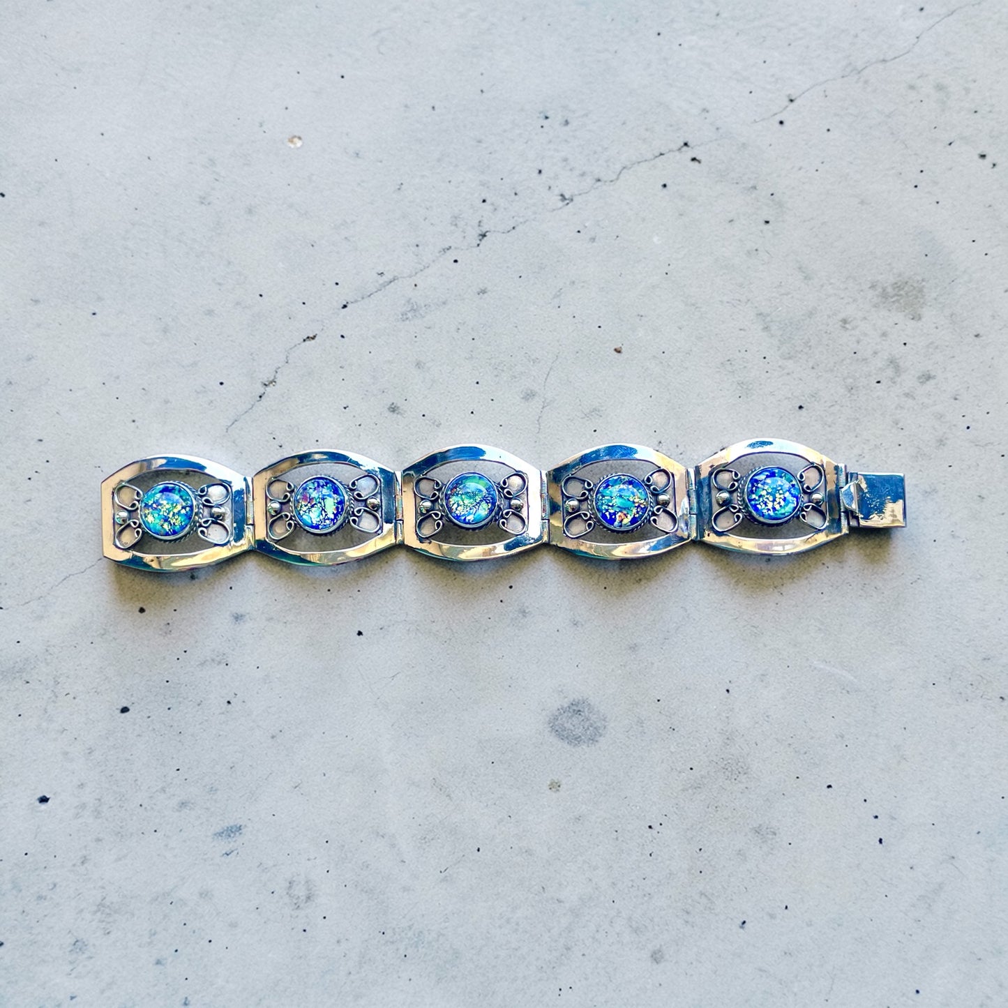 Sterling Silver Blue Green Dragons Breath Fire Opal Taxco Mexico Panel Bracelet