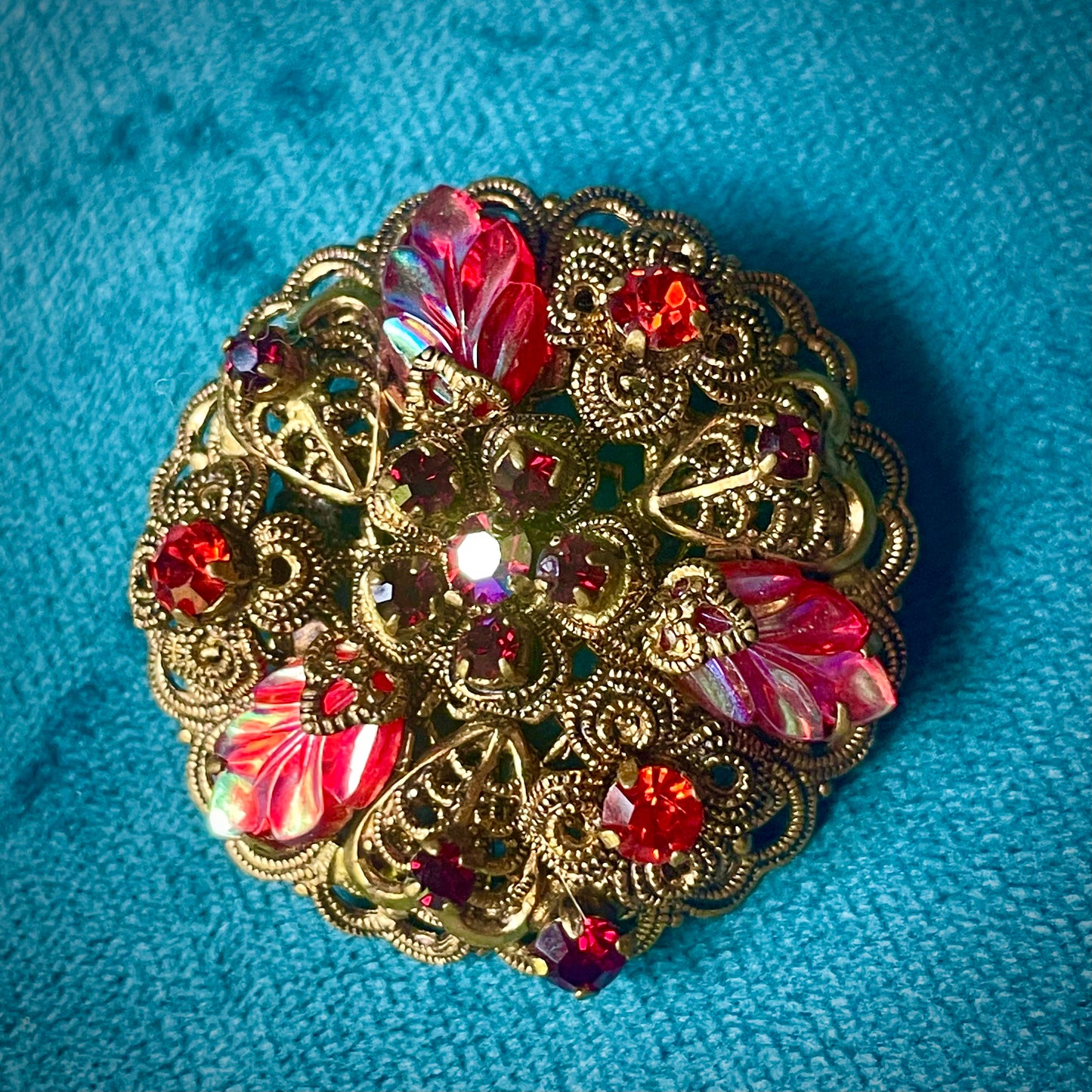 Red Carnival Art Glass Leaf & AB Crystal West German Brass Filigree Brooch
