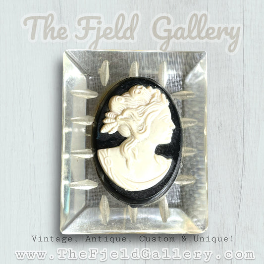 Victorian Carved Lucite Black & White Mourning Cameo Brooch