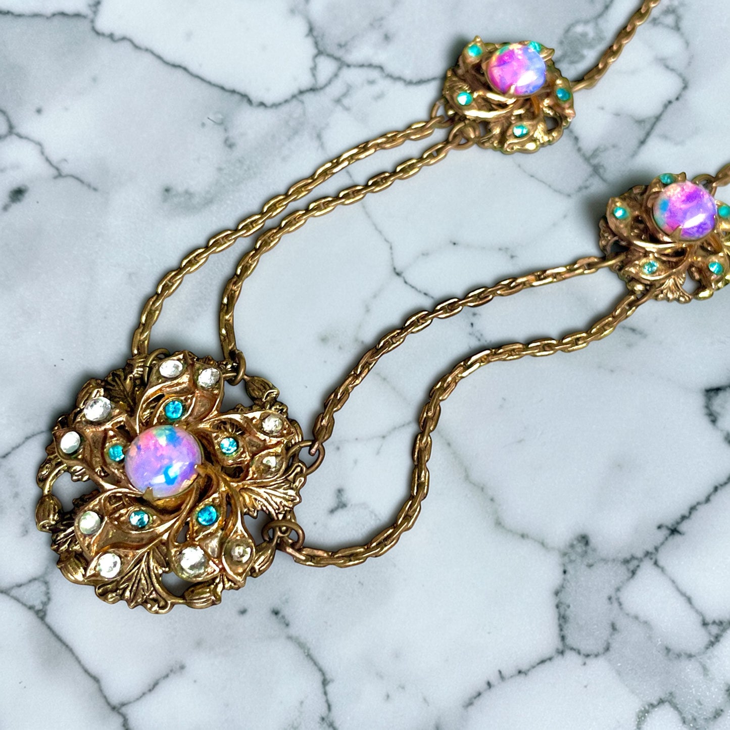 Edwardian Pink Gold Foil Art Glass Dragons Breath Fire Opal Festoon Necklace