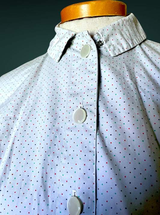 1960 A-Line Red, Blue & Green Polka Dot Button up Shirt Full Skirt Pocket Dress