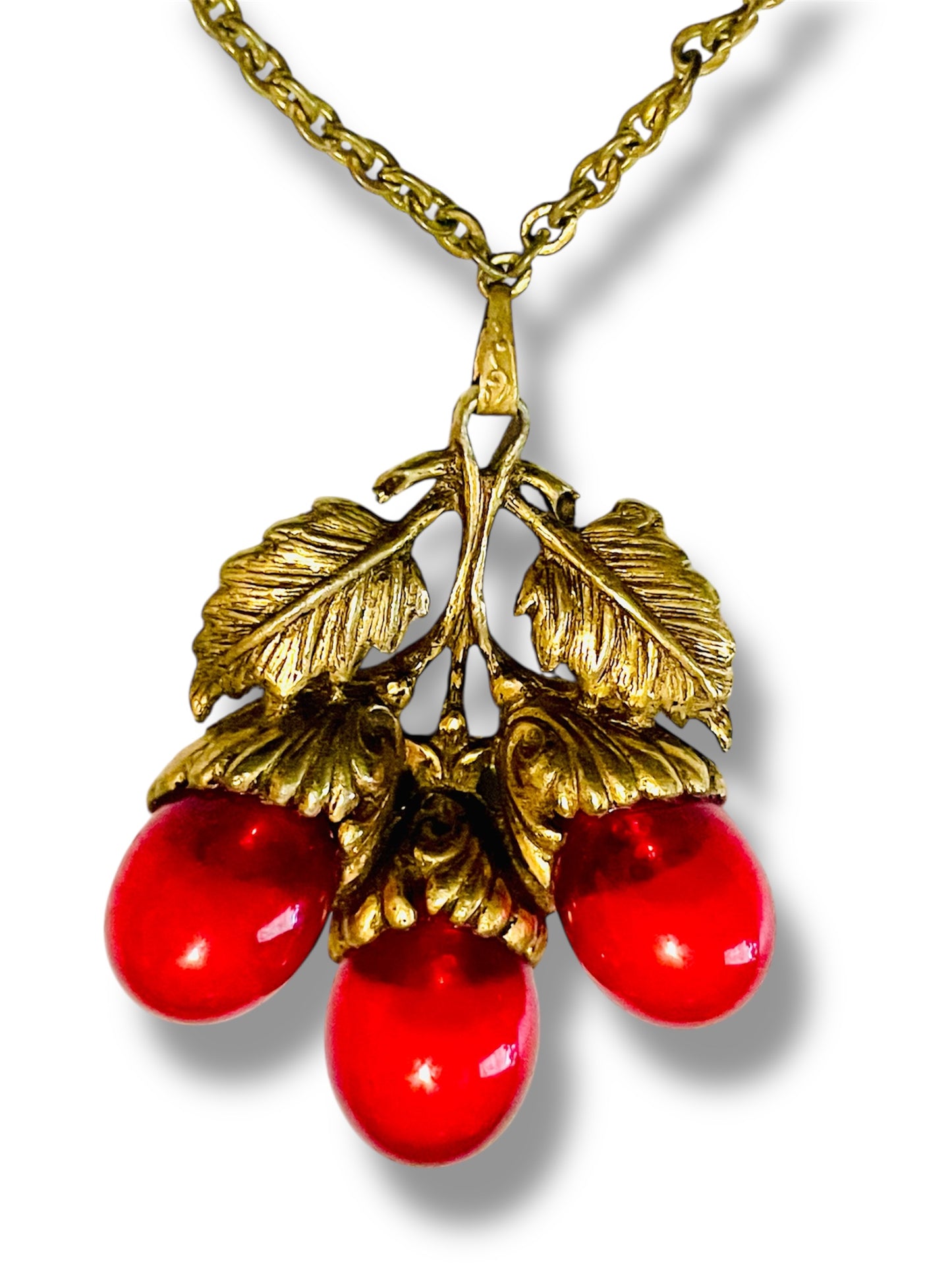Art Nouveau Gilded Brass & Hollow Red Glass Bubble Acorn Necklace