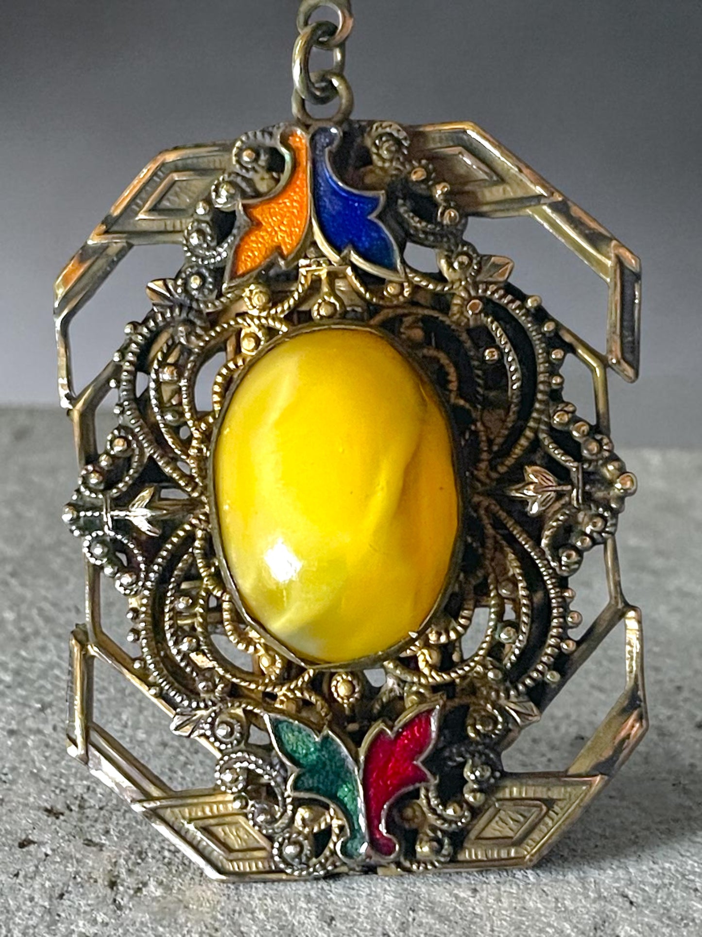 Art Nouveau Czech Brass Filigree Yellow Marbled Art Glass & Guilloché Necklace