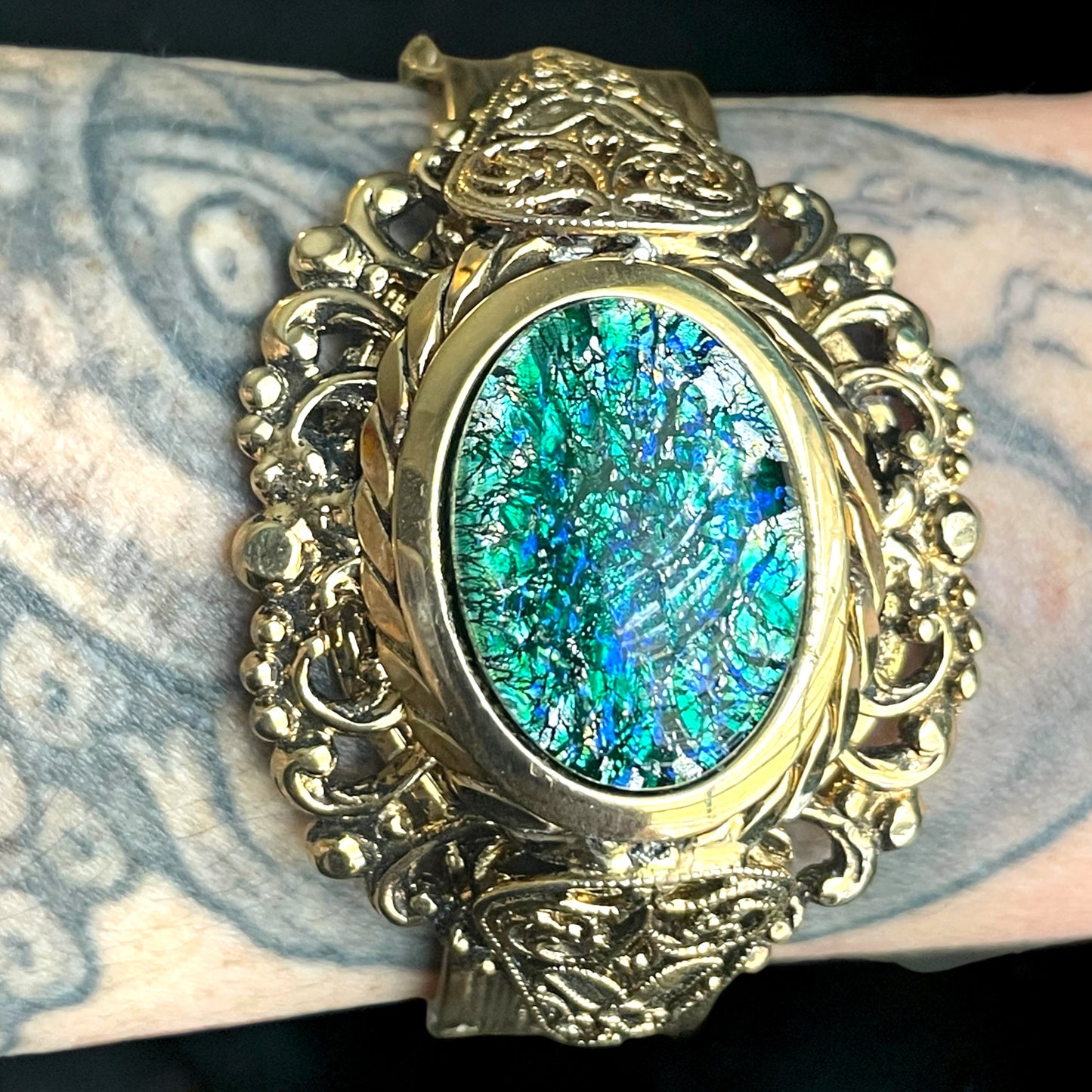 Whiting & Davis Green Dragons Breath Fire Opal Foil Art Glass Gold Brass Filigree Embossed Hinged Clamper Bracelet (Necklace Sold Separately)