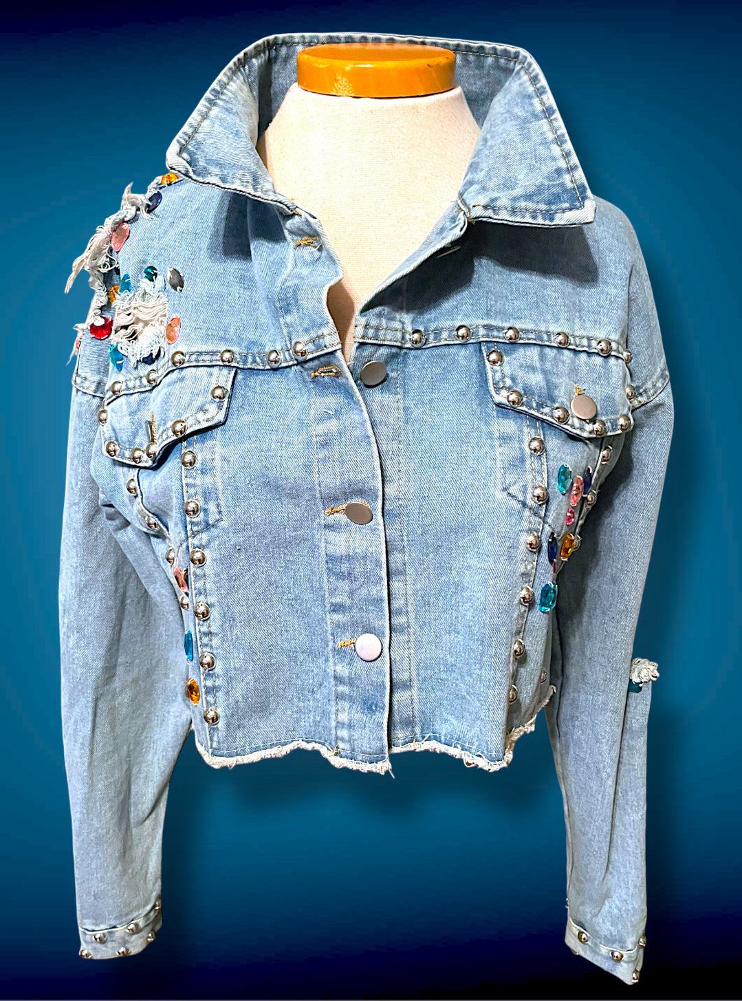 Vintage 1980’s Rainbow Jewel Crystal Stone Encrusted & Metal Rivet Crop Distressed Jean Jacket