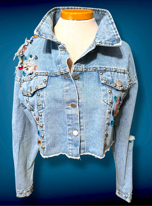 Vintage 1980’s Rainbow Jewel Crystal Stone Encrusted & Metal Rivet Crop Distressed Jean Jacket