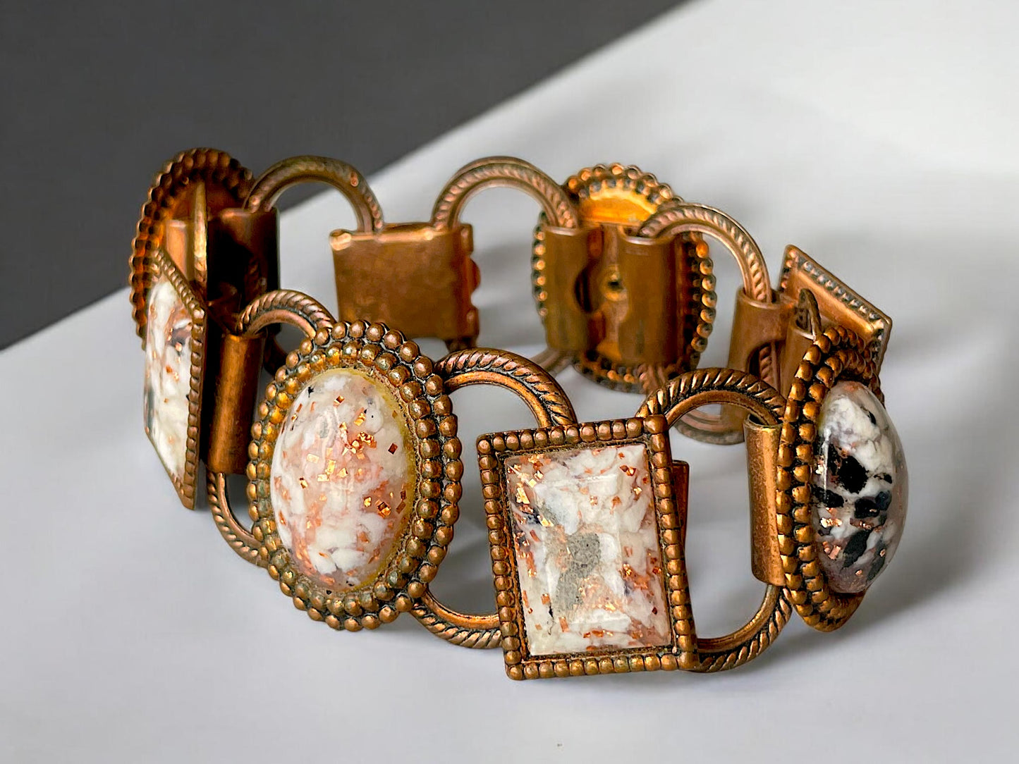 1960’s Copper Link Marble Confetti Foil Art Glass Chunky Bracelet