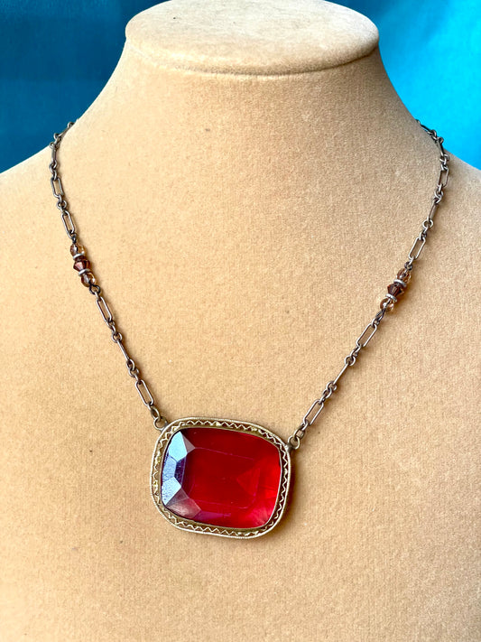 Art Deco Czech Brass Filigree Ruby Red Crystal Choker Necklace
