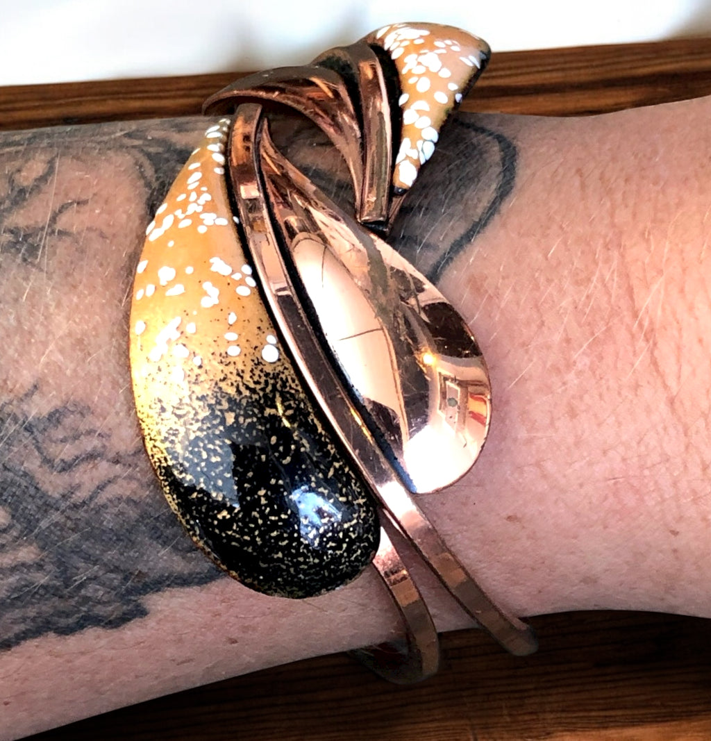 1940’s Vintage Renoir Matisse Copper & Enamel Leaf Bypass Clamper Bangle Bracelet