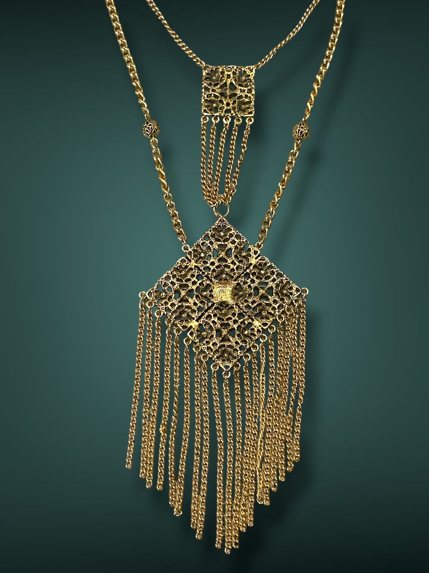 Art Nouveau Czech Gold Filigree Chestplate Turquoise Chain Dangle Festoon Necklace