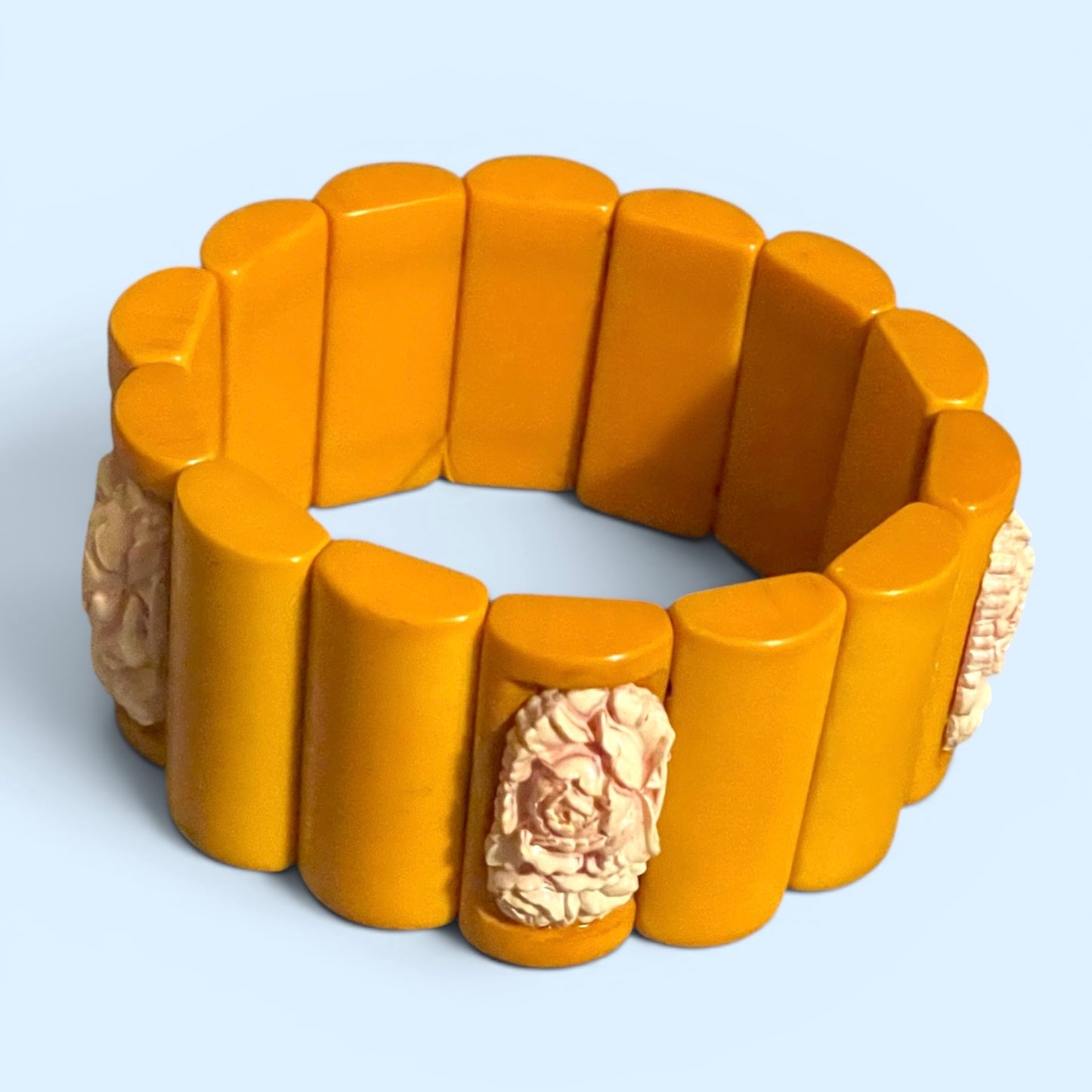 Antique Butterscotch Bakelite & Pink Molded Rose Celluloid Link Stretch Bracelet