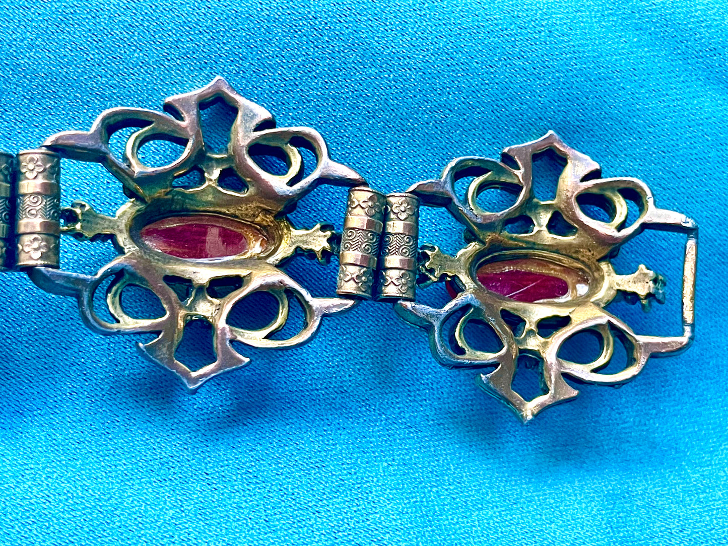 Heavy Brass Booklink Red-Orange Faux Amber Celluloid, Green Crystal & Pearl Panel Link Bracelet