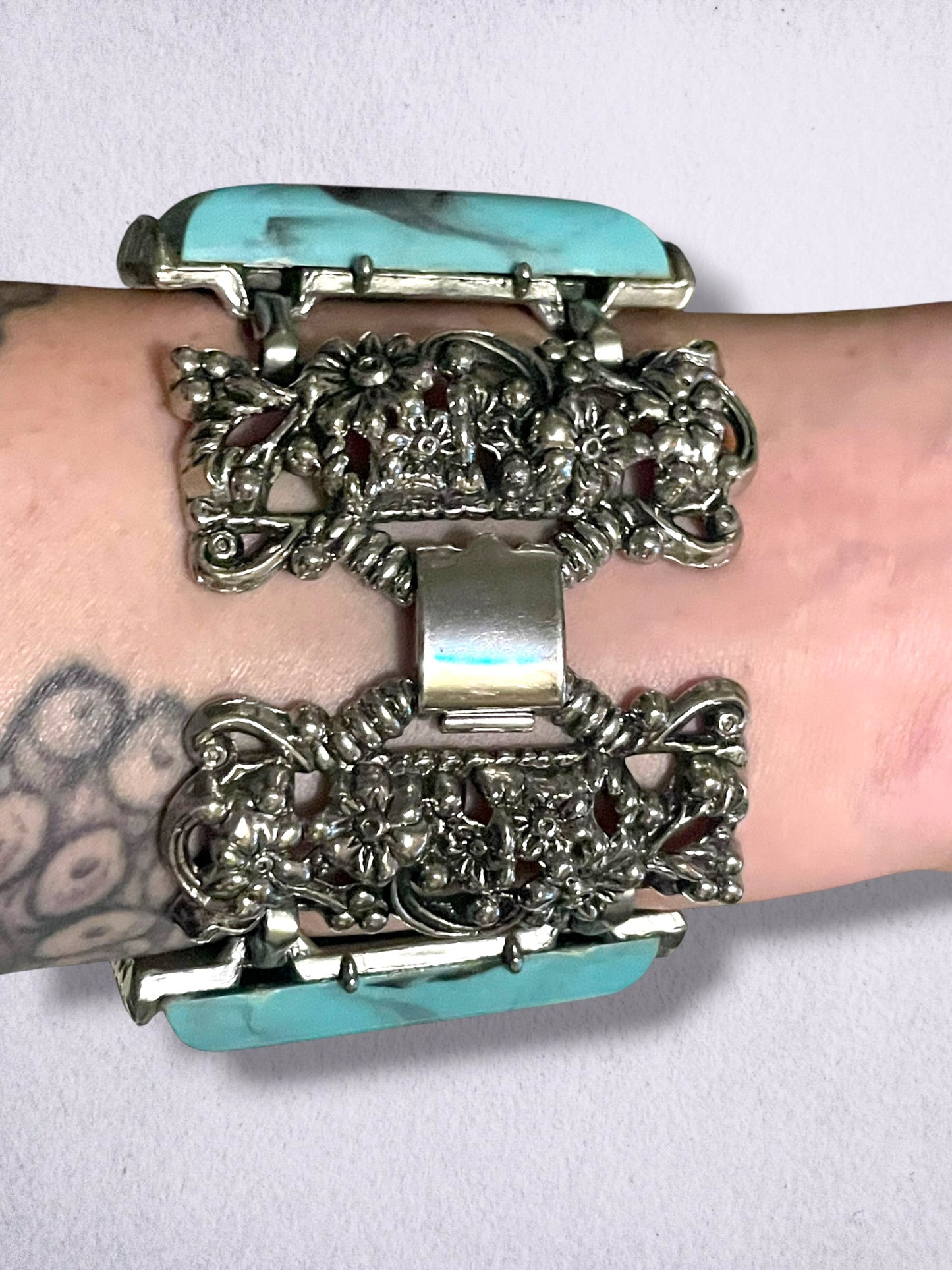 Mid Century Modern Chunky Silver Flower & Thermoset Faux Turquoise Panel Bracelet