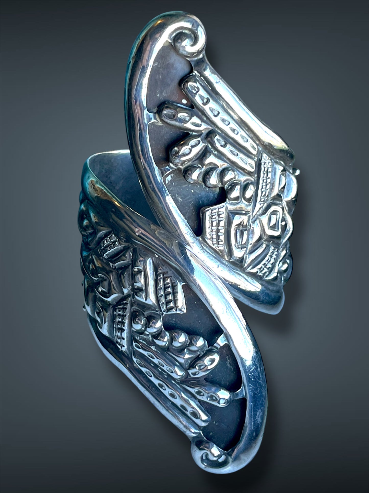 Sterling Silver Repoussé Hollow-work Taxco Mexico Scenic Hinged Clamper Bypass Bracelet