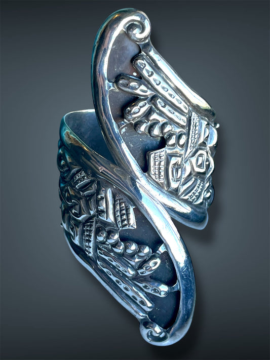 Sterling Silver Repoussé Hollow-work Taxco Mexico Scenic Hinged Clamper Bypass Bracelet