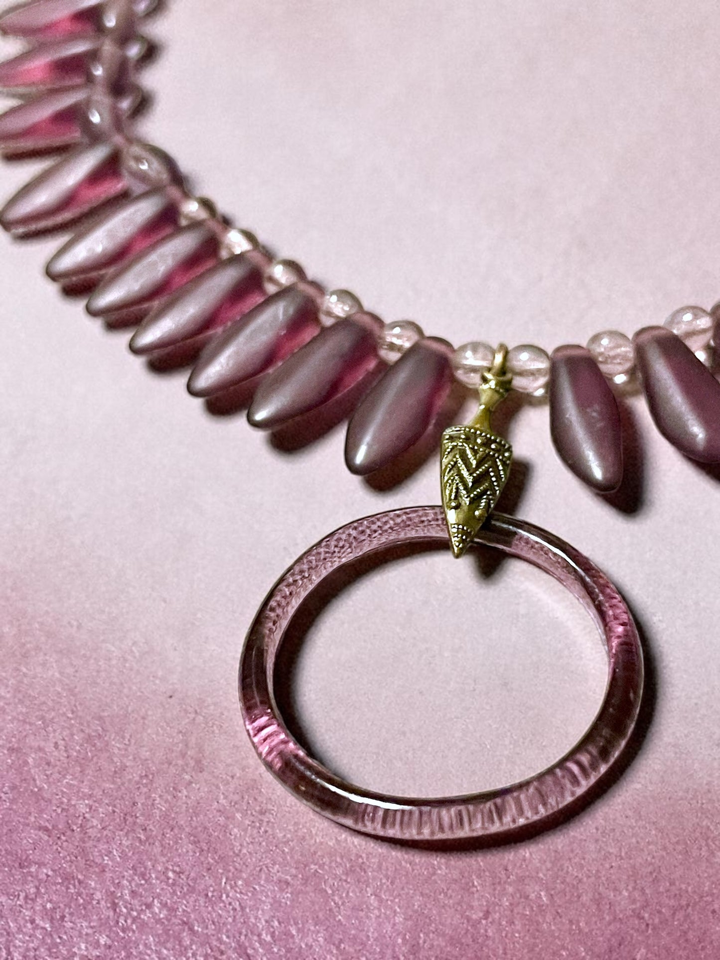 Art Deco Czech Purple Art Glass Vauxhall Ring Embossed Brass Setting Necklace