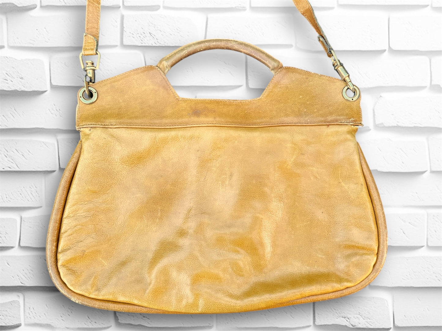 Vintage Tan & Mustard Yellow Leather Convertible Purse Handbag