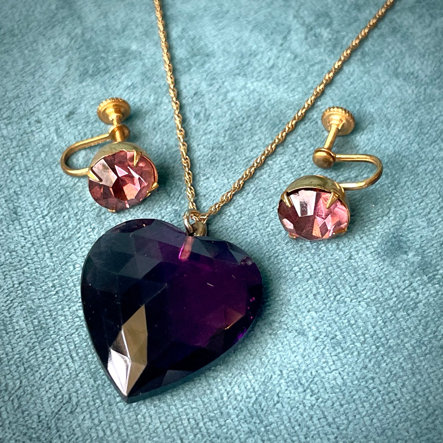 Purple Faceted Austrian Crystal Heart 12K Gold Filled Necklace & Earring Set