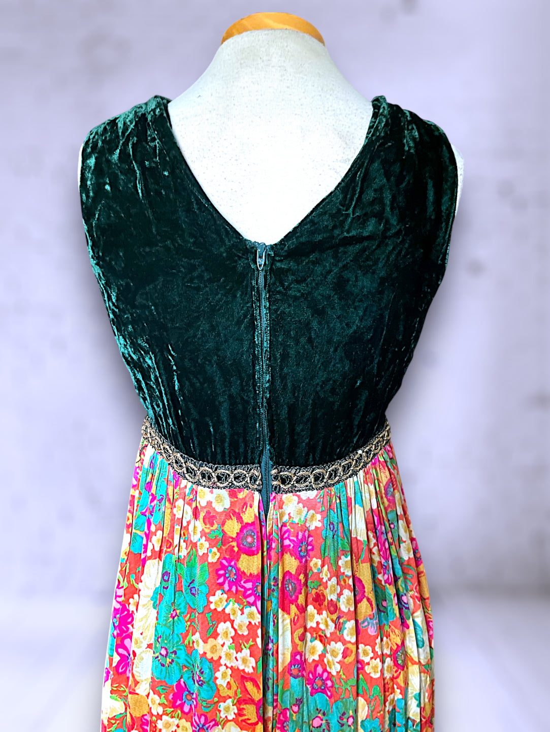 1960’s Vintage Green Velvet & Rainbow Floral Palazzo Pant Jumpsuit