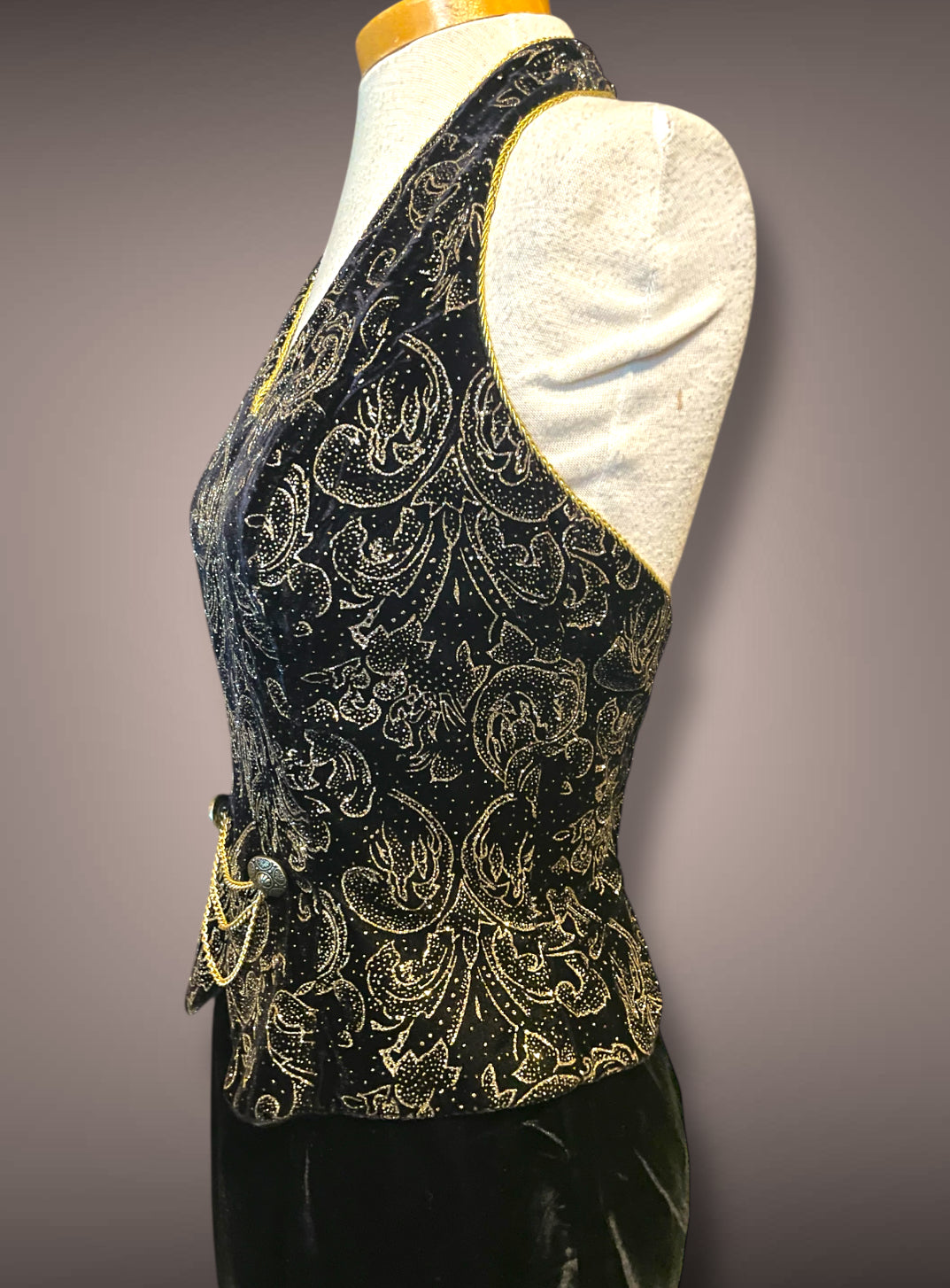 Vintage 1990’s Scott McLintock Black Velvet Maxi Pencil Halter Dress with Gold Glitter Damask Pattern