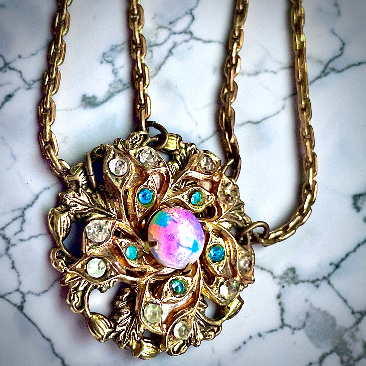 Edwardian Pink Gold Foil Art Glass Dragons Breath Fire Opal Festoon Necklace