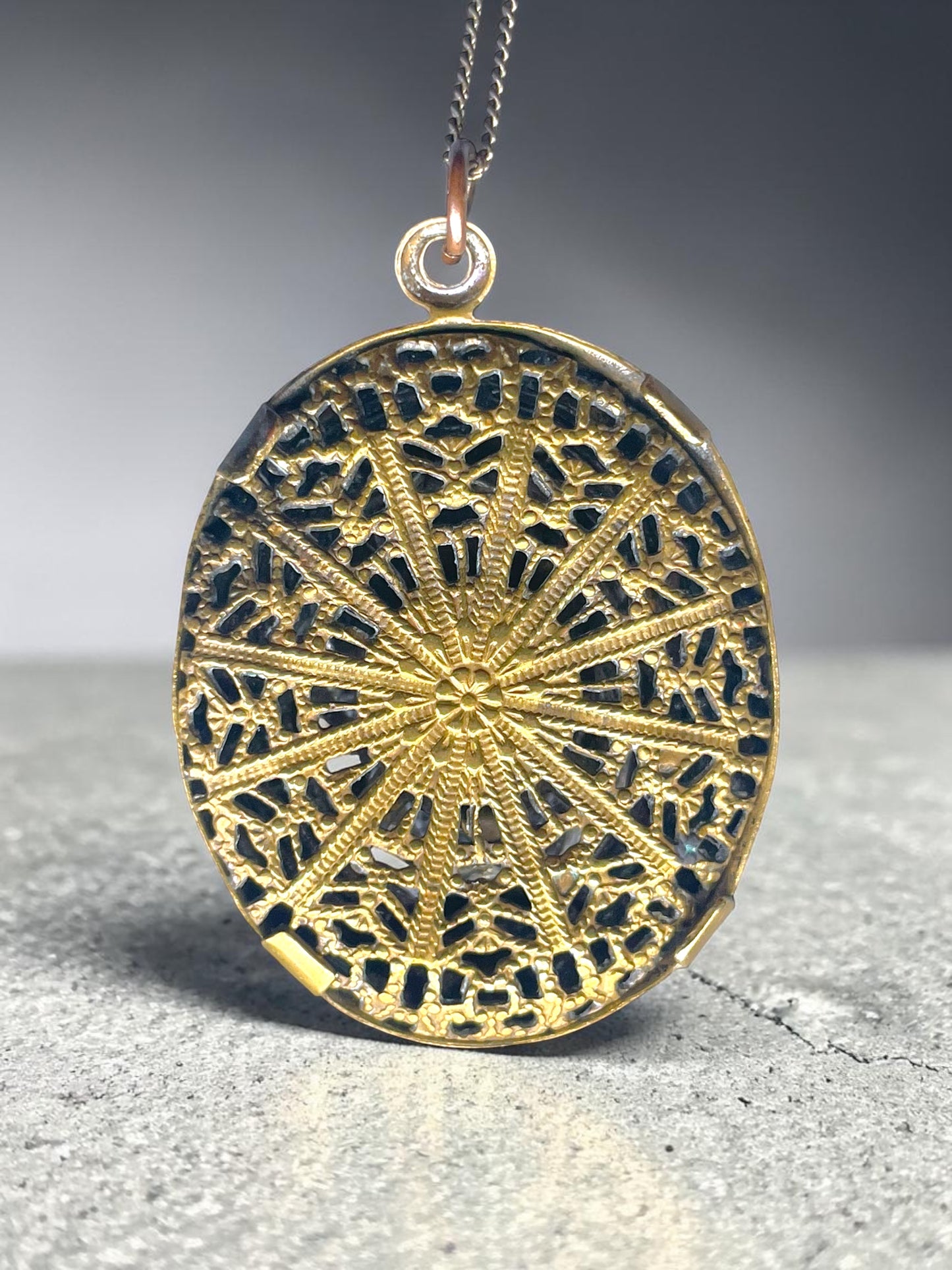Art Nouveau Royal Blue Czech Art Glass Silver & Brass Filigree Necklace