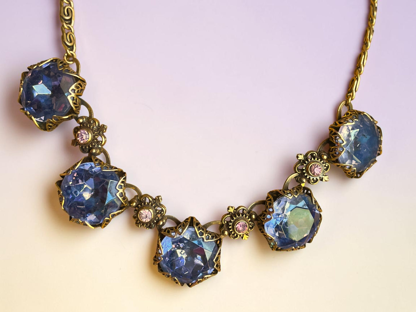 Art Nouveau Austrian Lilac Purple & Pink Crystal Gold Filled Brass Filigree Schiaparelli Necklace
