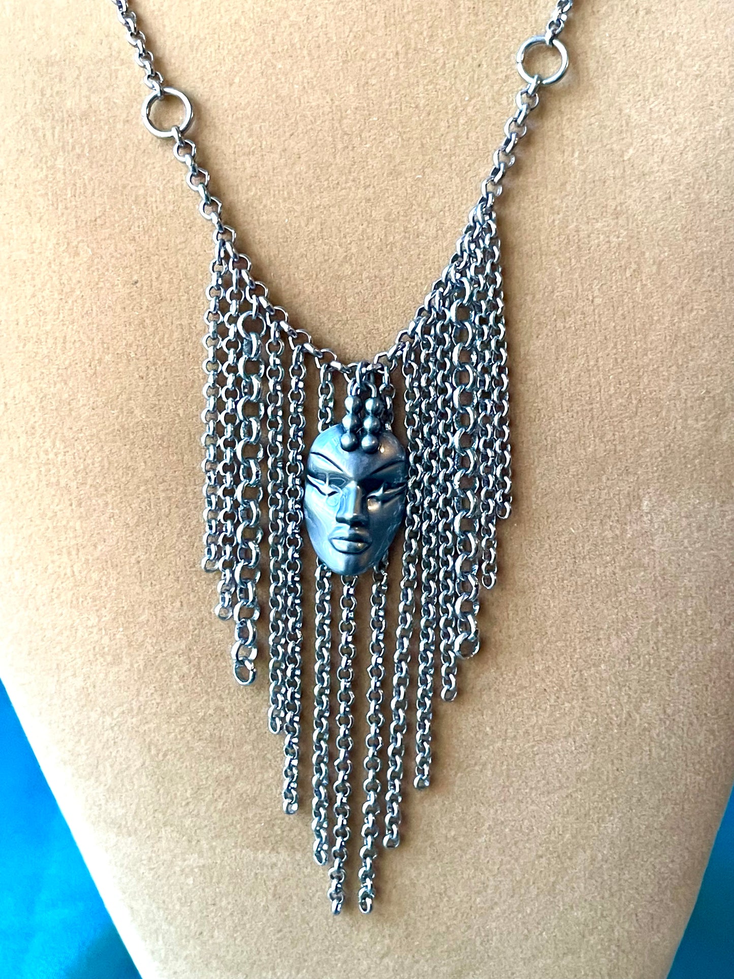 Designer Thierry Mugler Silver Face Fringe Necklace