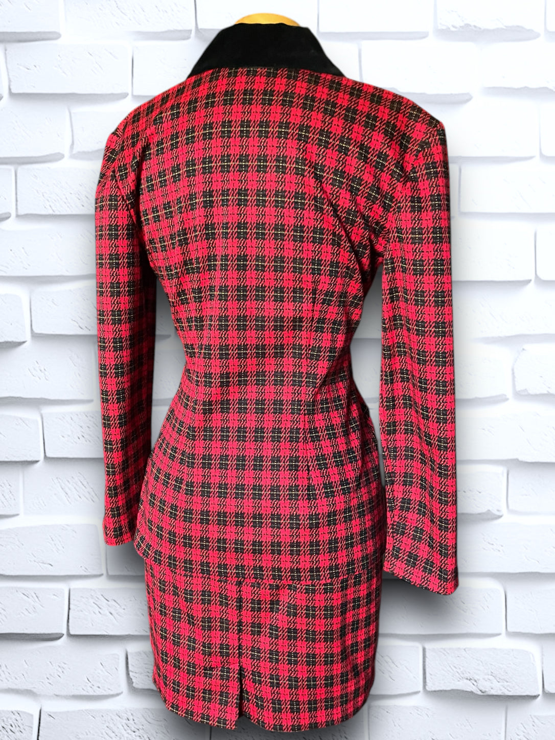 Vintage Red, Black & Yellow Plaid Skirt Suit with Black Velvet Detailing