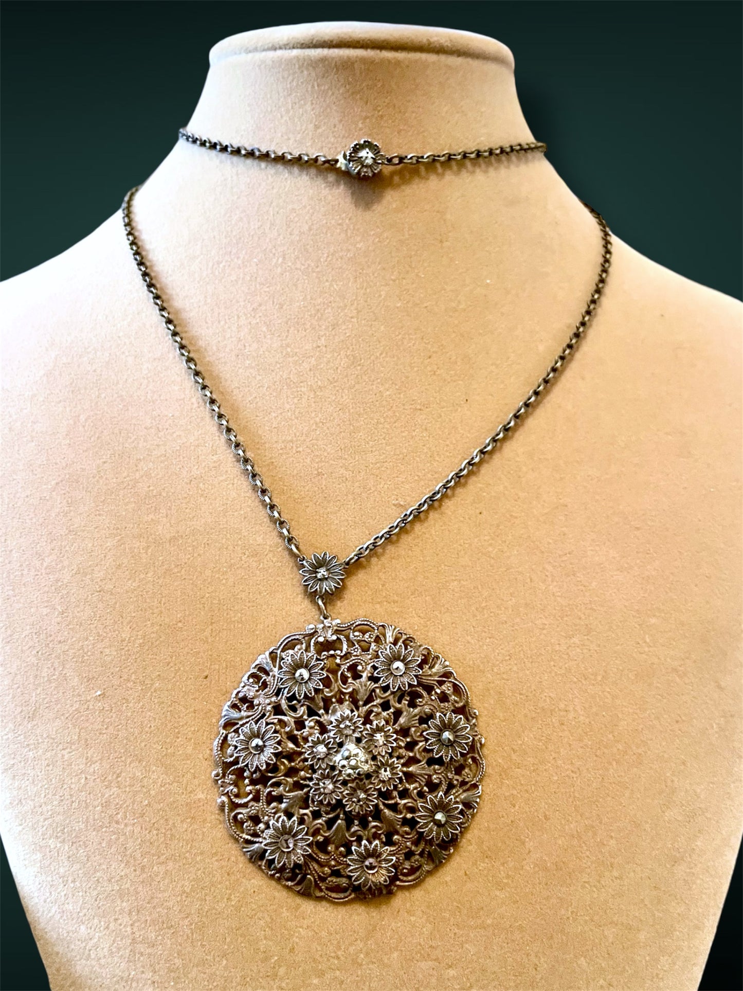 Art Nouveau Brass Floral & Flourish Filigree Daisy Marcasite Necklace