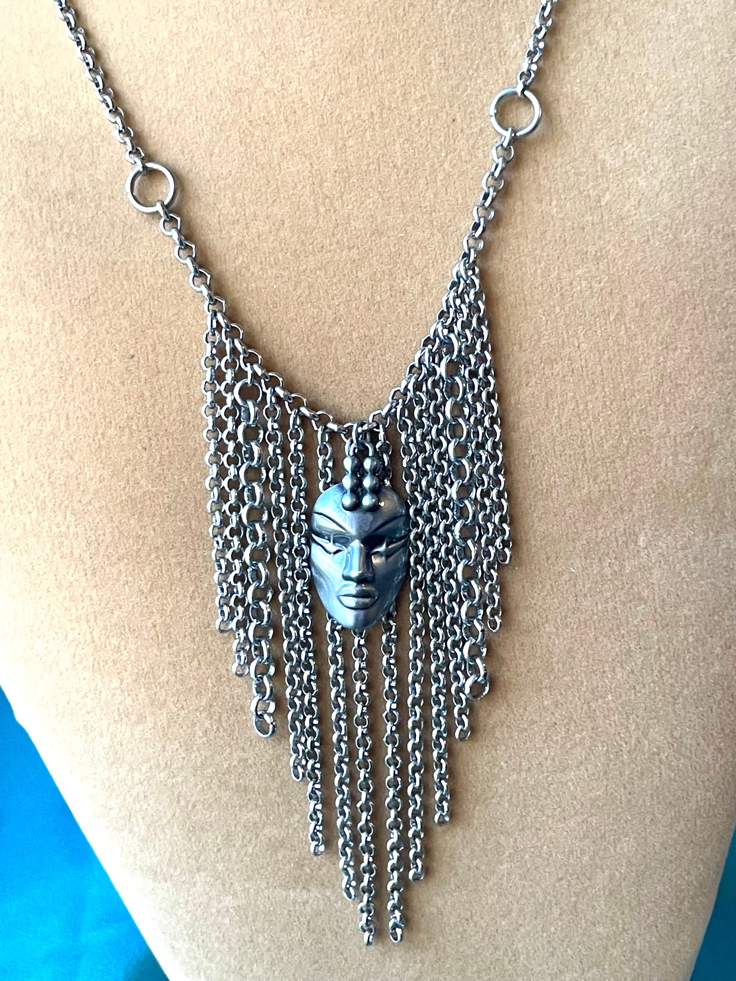 Designer Thierry Mugler Silver Face Fringe Necklace