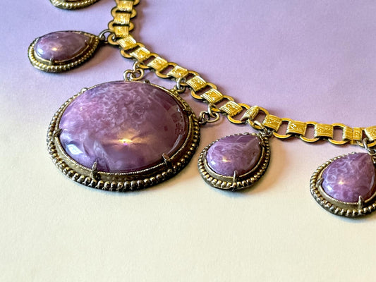 Incredible Victorian Book-link Chain Purple Marble Art Glass Festoon Necklace