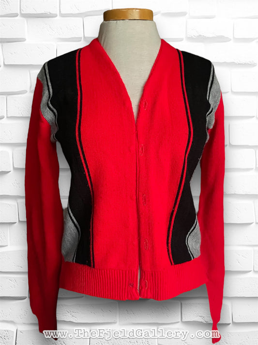 Vintage 1960’s Grandpa Cardigan Sweater; Red, Black & Grey