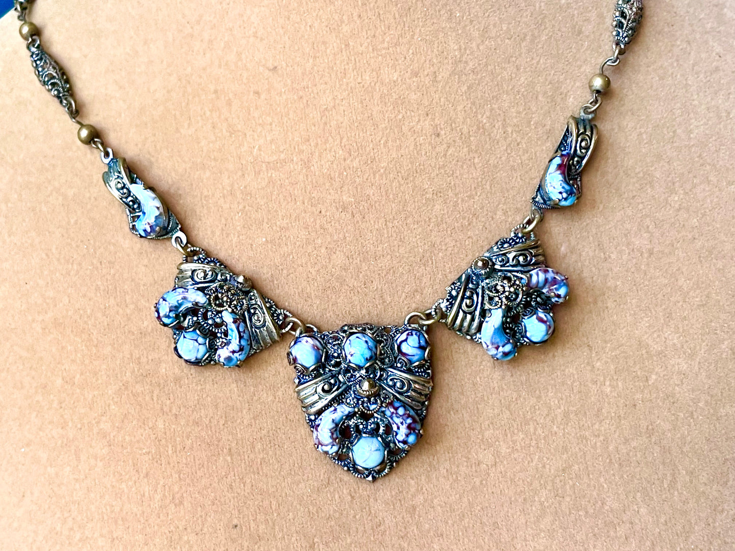 Czechoslovakian Turquoise Hubbell Art Glass Brass Filigree Choker Necklace