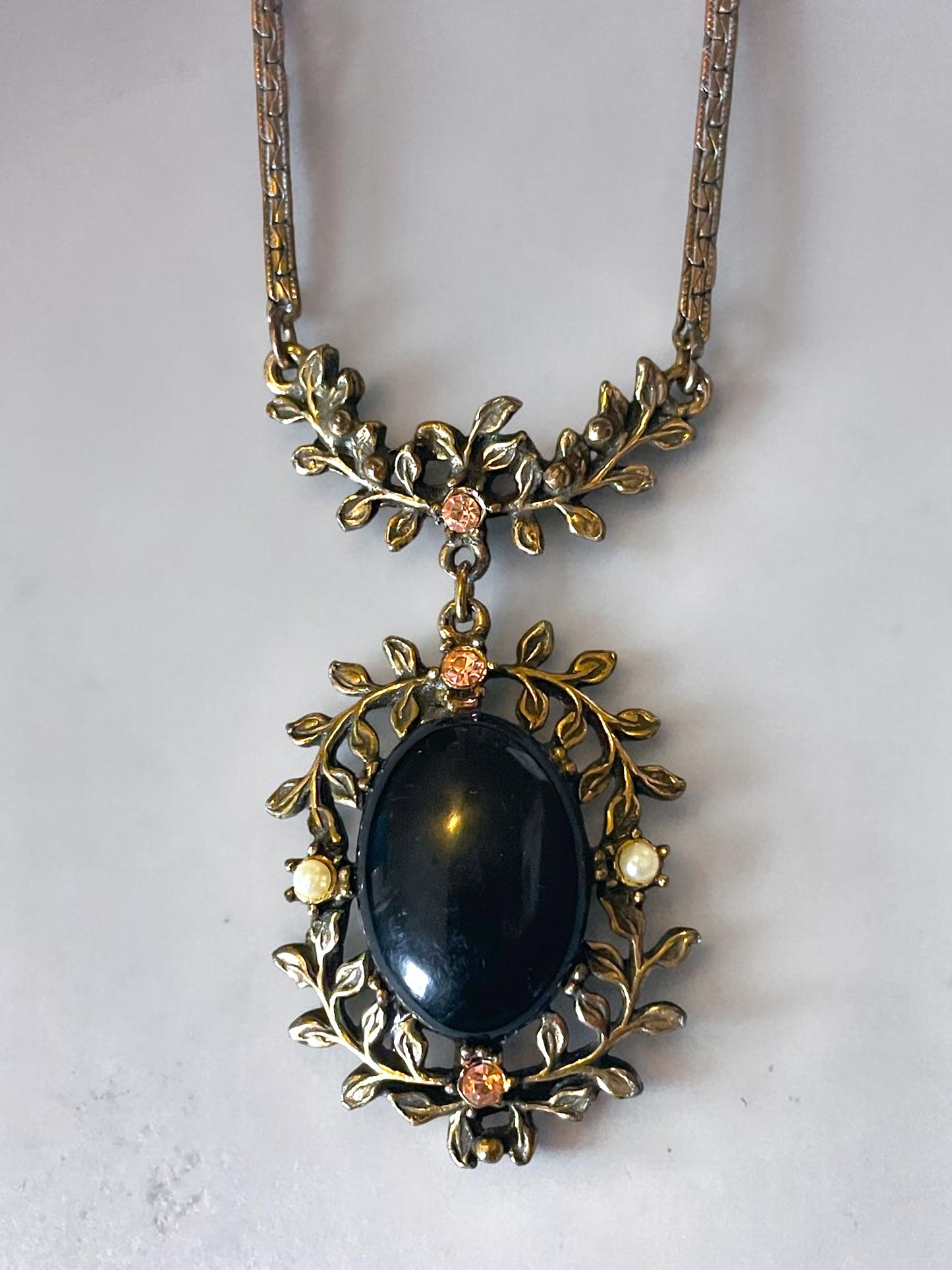 Art Nouveau Brass Leaf Garland Black Art Glass, Pink Crystal & Pearl Necklace