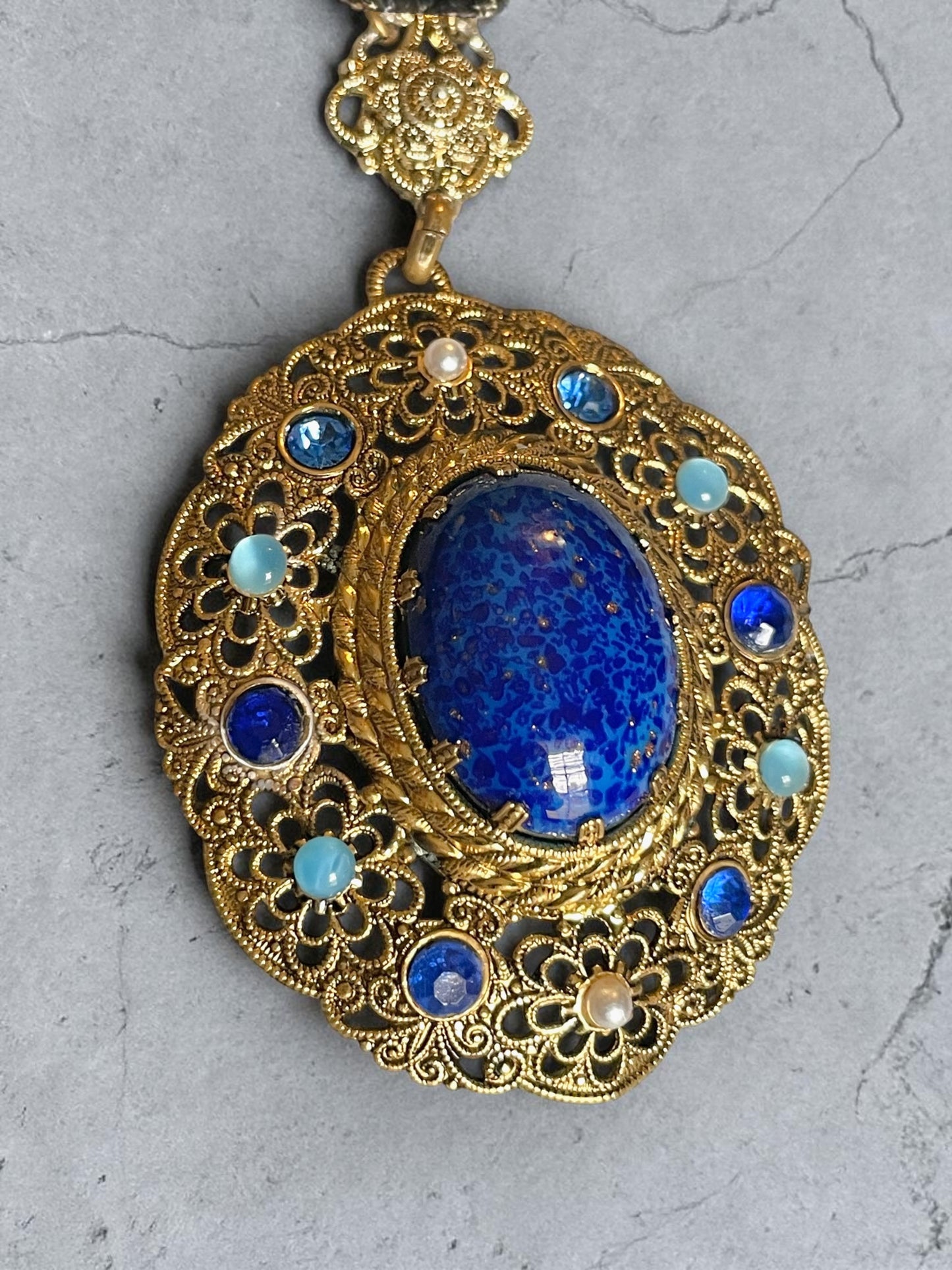 1940’s West German Gilded Brass Filigree Lapis Blue, Cats Eye Art Glass & Pearl Necklace