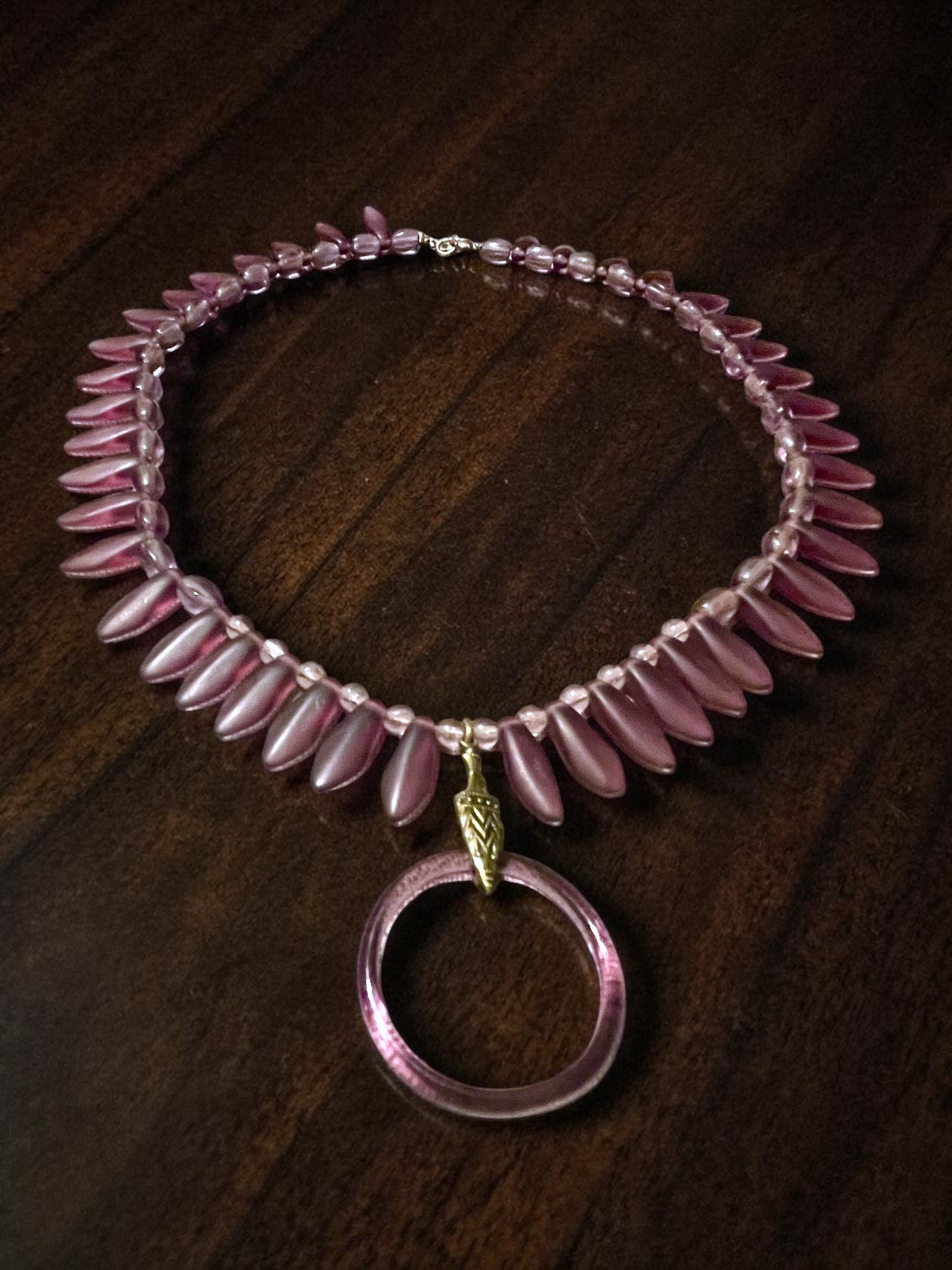 Art Deco Czech Purple Art Glass Vauxhall Ring Embossed Brass Setting Necklace