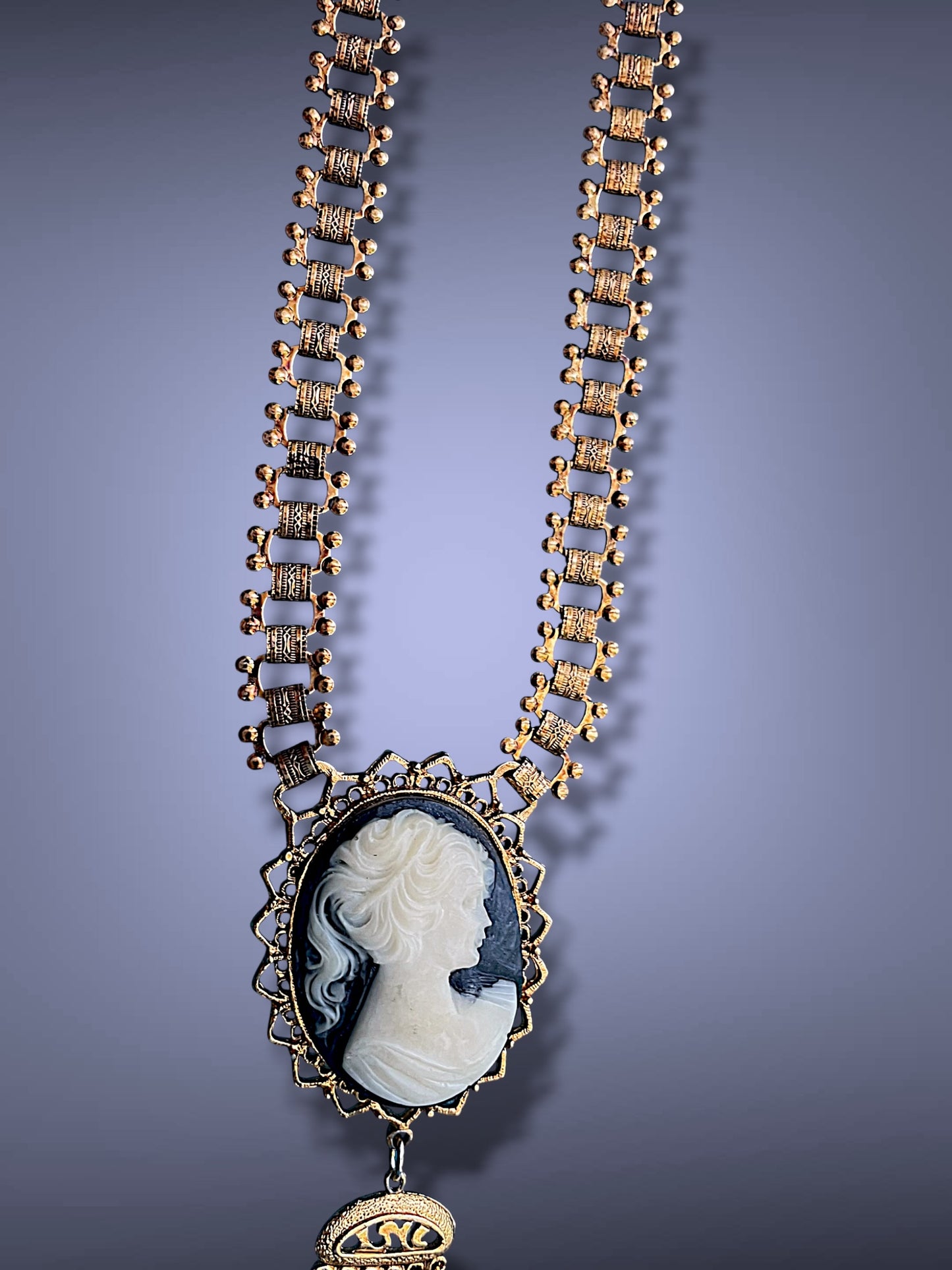 Victorian Gold Book Link Chain Black & Cream Mourning Cameo Designer Signed Necklace